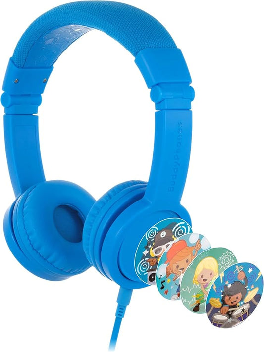 BuddyPhones Explore Plus | Foldable Kids Wired Headphones, Built-in Audio Sharing Cable with in-Line Mic - SafeAudio Volume-Limiting for Kindle, iPad, iPhone, or Android (Cool Blue)
