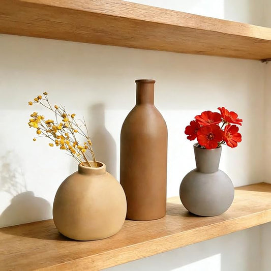 Ceramic Vase Set of 3 - Small Modern Minimalist Ceramic Bud Vases for Home Decor - Boho Aesthetic Flower Vases for Desk, Shelf & Table, Mantle, Bookshelf (Cute & Versatile) (Brown Mix)