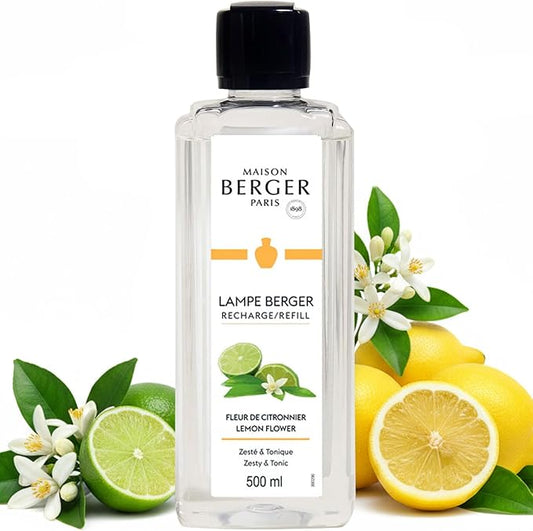 MAISON BERGER Lemon Flower Lampe Berger Refill, 500 ml (16.9 fl oz), Odor-Neutralizing Home Fragrance Oil Lamps, Lemon, Lime, Neroli, Vetiver, Orange Blossom, Made in France