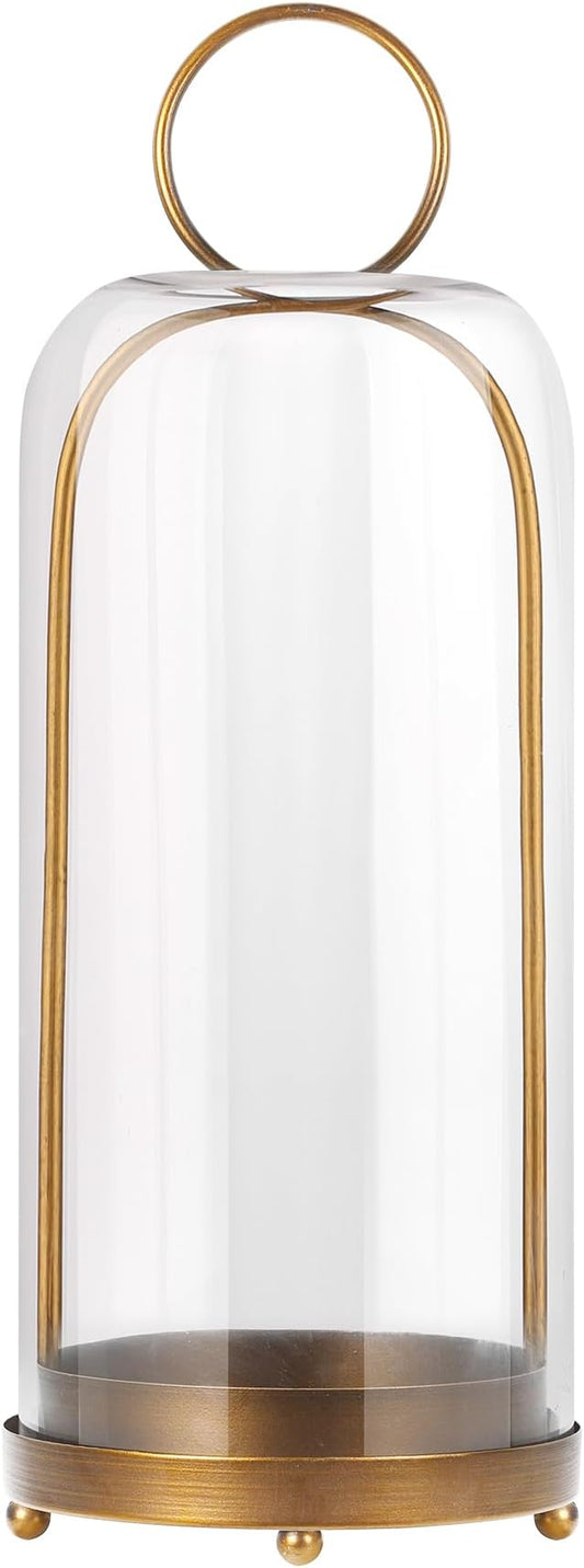 20" High Versatile Modern Metal Hurricane Lantern with Handmade Sturdy Glass Dome in Antique Brass for Pillar Candle & Plants, Industrial, Farmhouse, Shabby Chic (Brass, 7.5"x20")