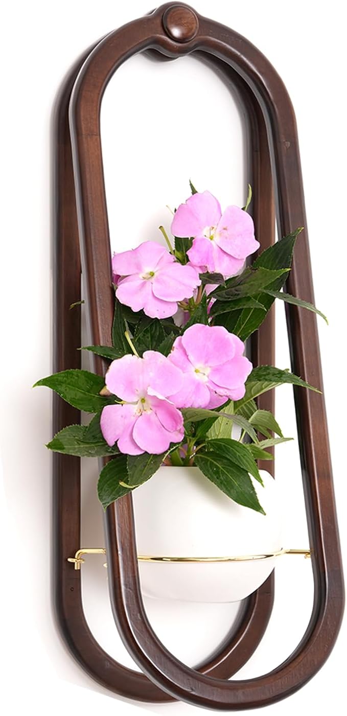 Wooden Wall Planters for Indoor - Modern Hanging Plant Stand Shelf with Ceramic Pot - Walnut Color (Set of 1)