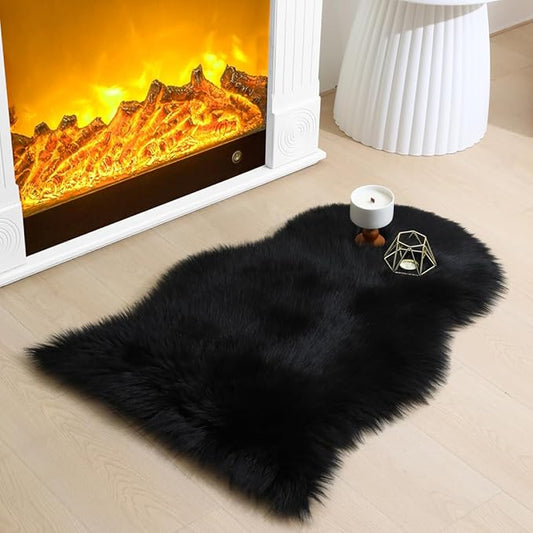 Faux Fur Small Rug 2 x 3 ft Black Shaggy Sheepskin Machine Washable Fuzzy Area Rug Super Soft Fluffy Plush Carpet for Bedroom Living Room Floor Nursery Kids Room Bedside Rug