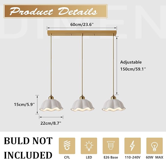 3-Light Hanging Pendant Light Fixtures Gold Kitchen Island Lighting Vintage Milk Glass Light Adjustable White Wave Ceramic Hanging Ceiling Light Nordic Retro Ceiling Lamp MPL11-3S GD