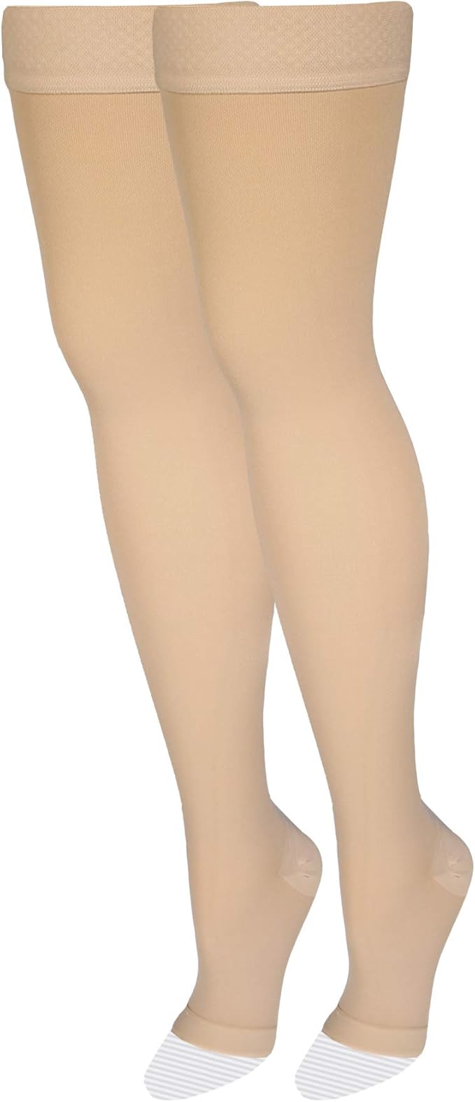 Amazon Basic Care Medical Compression Stockings, 20-30 mmHg Support, Women & Men Thigh Length Hose, Open Toe, Beige, Medium (Previously NuVein) (Pack of 2)