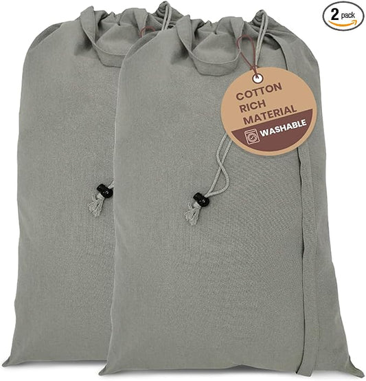 LFH Home Cotton Canvas Large Laundry Bag with Handle, Heavy Duty Drawstring Closure Washable Laundry Bags, School Travel, Home, Hotel, College Dorm, Organizer Sack, Toys Clothes 28x40 (Pack of 2)-Grey