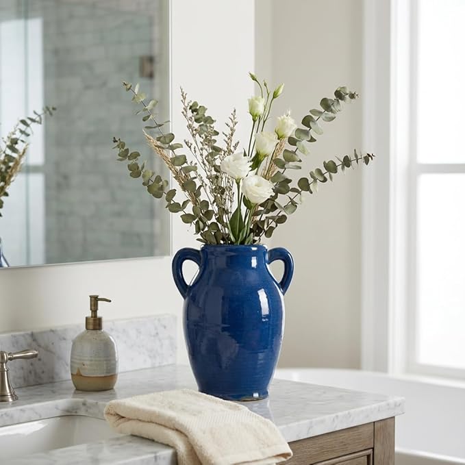 Sunddo Blue Ceramic Vase for Pampas Grass, 8 Inch Modern Decorative Vase with 2 Handles, Blue Centerpiece for Living Room Dining Entryway Living Table Farmhouse Office Decor