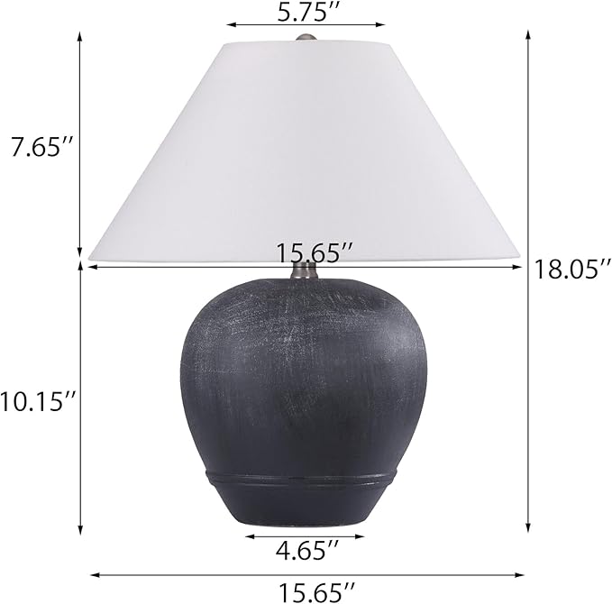 Pia Ricco 21'' Medium Size Black Glossy Ceramic Base Ceramic Basin Table Lamp for Bedroom, Living Room, Dining Room, Office, White Shade,White Smudged Black Base
