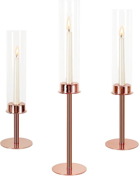 Hurricane Candle Holders Set of 3 Metal Candlestick Holder for Glass Taper Tall Candle Holders with Crystal Chimney Tube Candles Stands for Home Decor, Christmas, Dinning (3, Rose Gold)