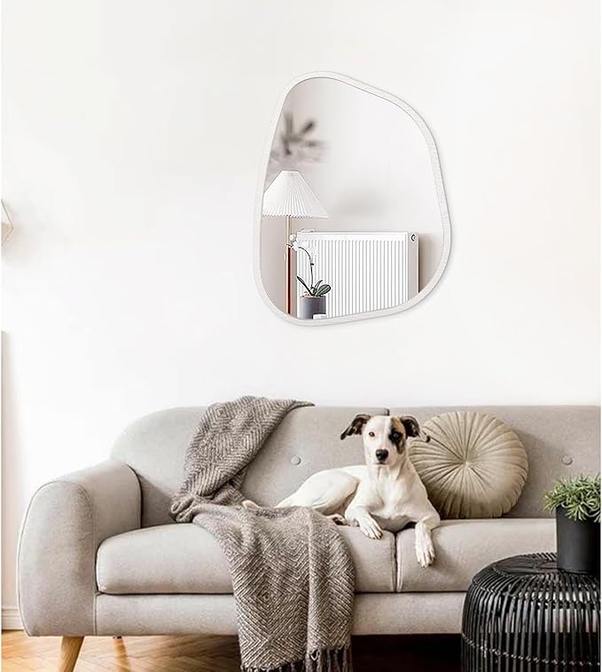 Irregular Wooden Framed Wall Mirror Modern Asymmetrical Unique Hanging Mirror Artistic Boho Mirror Decor Bathroom Vanity Bedroom Living Room Entryway Hallway 20"x16"