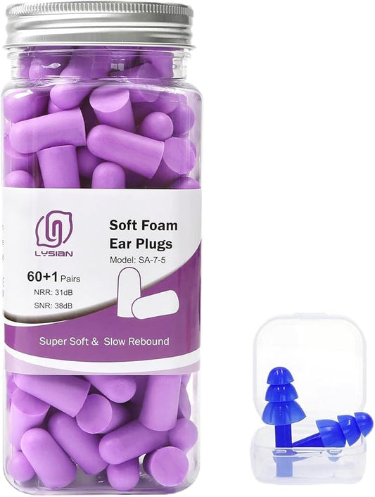 LYSIAN Ultra Soft Foam Earplugs Sleep - 38dB SNR Noise Cancelling Ear Plugs for Sleeping, Shooting, Snoring, Work Loud Sound Reduction- 60 Pairs Valued Pack,Purple