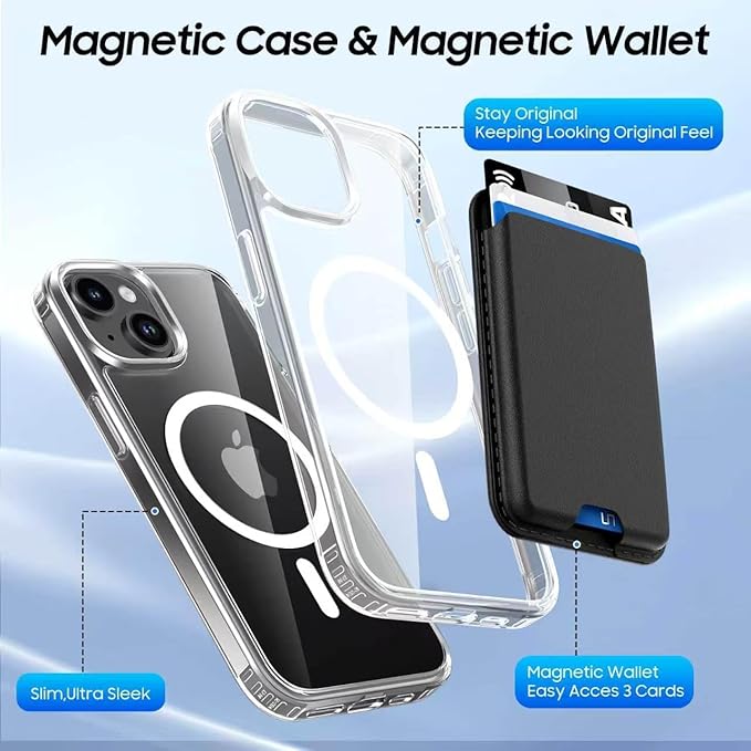 Magnetic for iPhone 14 Plus & iPhone 15 Plus Clear Case (Compatible with MagSafe) with Black Detachable Wallet & Card Holder for 3 Cards [RFID Blocking] Military Grade Protective Slim Phone Cover
