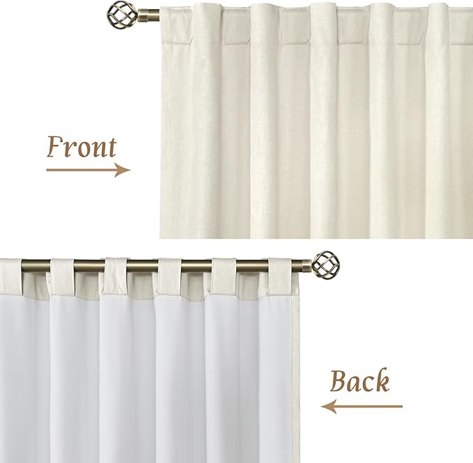 LAMIT 100% Blackout Natural Polyester Curtains, 68 Inches Linen Textured Thermal Bedroom Curtains Back Tab and Rod Pocket Neutral Panels with White Liner for Farmhouse, 2 Panels, 52 x 68 Inch, Ivory