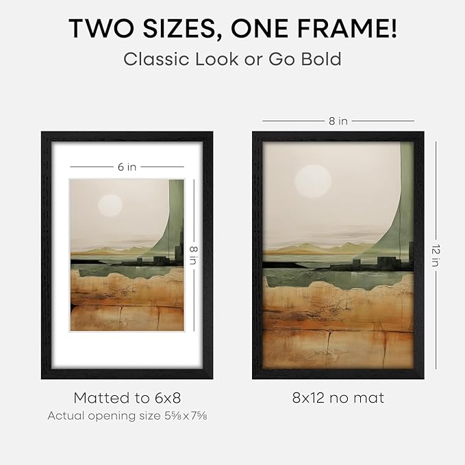 Homeforia 8x12 Black Picture Frame, High End Oak 8 x 12 Wood Frames with Mat 6 by 8 Print, 8by12 Wooden Frame Matted to 6x8 inch Photo, 12x8 Wall or Tabletop Frames, Tempered Glass, Wall Kit, Set of 3