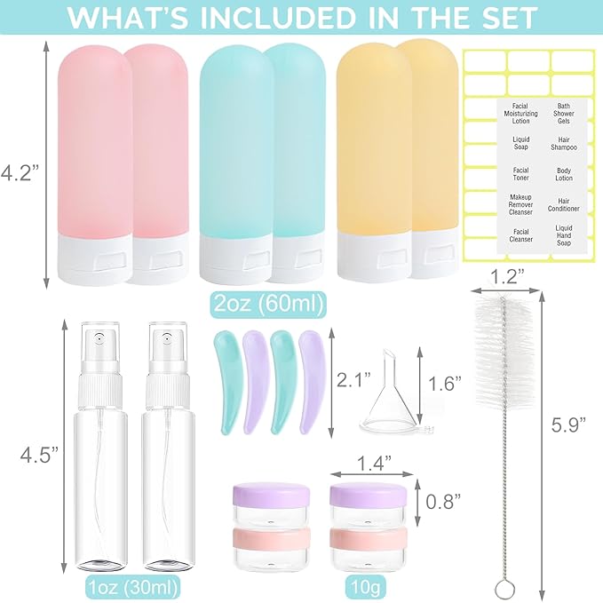 20 Pack Travel Bottles Set for Toiletries TSA Approved, Leak Proof Travel Size Containers Kit Portable Refillable Travel Accessories for Shampoo Conditioner Lotion Liquids