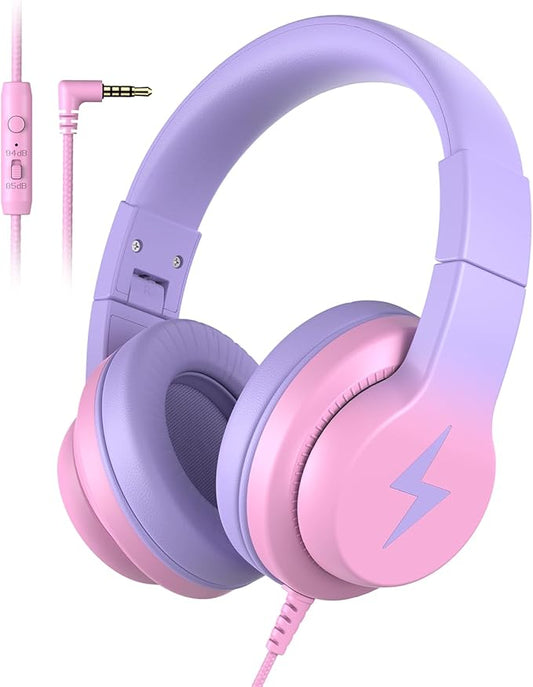 Kids Headphones, Wired Headphones for Kids Over Ear with Microphone, 85/94dB Volume Limiter Headphone for Girls Boys, Foldable Headphone for Learning & Entertainment, Gradient Red