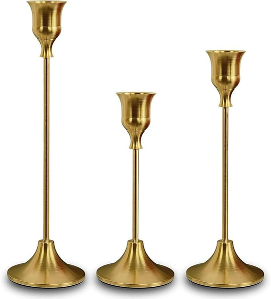 Candle Stick Holder Set of 3 - Gold Vintage Metal Taper Holders，Decorative Centerpiece for Table, Mantel, Wedding