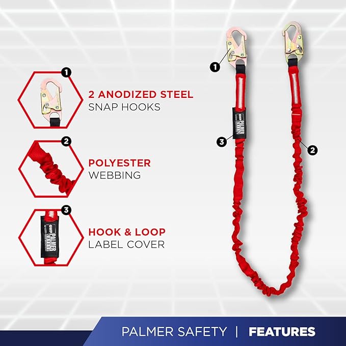 Palmer Safety ATERET Bundle 1D Full Body Safety Harness 6' Safety Lanyard 4' Anchor Strap I OSHA Compliant Arrest Kit I Ideal for Construction & Scaffolding Use