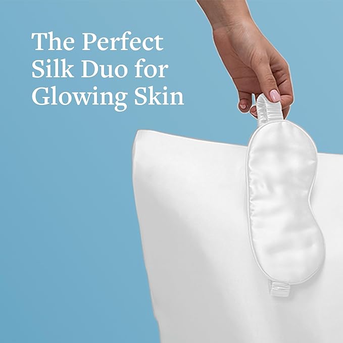Silk Sleep Essentials Set in Silver: Pillowcase and Eye Mask, 25" x 19.5" Fits Standard Queen Pillow, 22mm 6A Grade, for Gentle Sleep, Anti-Breakage, Tangles, Creases, and Wrinkles