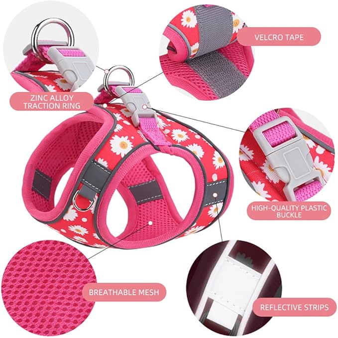 Step in Dog Harness and Leash Set, Flower Adjustable Easy Walk Puppy Harnesses, Soft Mesh Pet Vest Harness Small Size Dog Adjustable No Pull Dog Harness for Small Dogs and Cats(Purple, XXS)