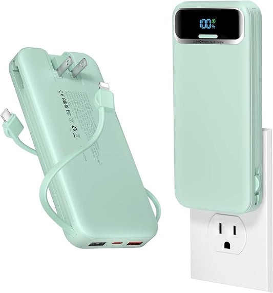 12000mAh Lightweight-Portable-Charger-Power-Bank with Built-in Cables and AC Wall Plug, PD20W USB-C Fast Charging Battery Pack, LED Display External Travel Phone Charger for All iPhone,Samsung,Android