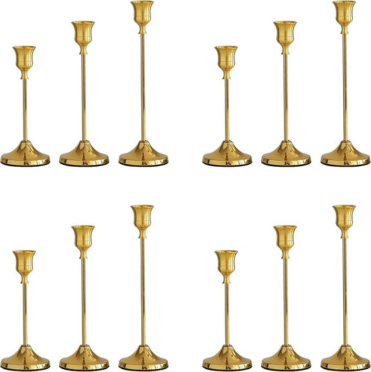 Taper Candle Holders, Tall Vintage Metal Candlestick Holders, 12 PCS Gold Candle Sticks Holders for Home Decor Table Centerpiece Wedding Housewarming Festival, Gold, 4 Sets (12 pcs)