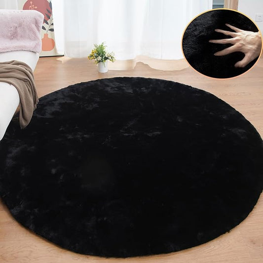 Black Round Rugs 8ft Machine Washable Rabbit Fur Area Rug Large Circle Rugs for Bedroom Faux Sheepskin Rug Cushion Living Room Décor