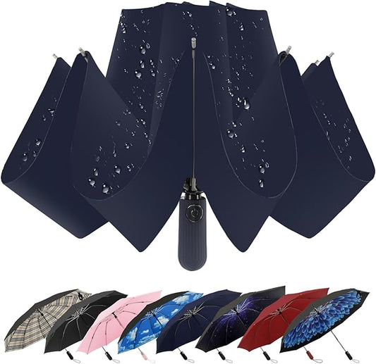Compact Inverted Travel Umbrella, Automatic Open Close, 9-Rib 46 Inch Windproof Umbrella, Waterproof UPF 50+, Portable Umbrellas for Men, Women, Travel, and Daily Use