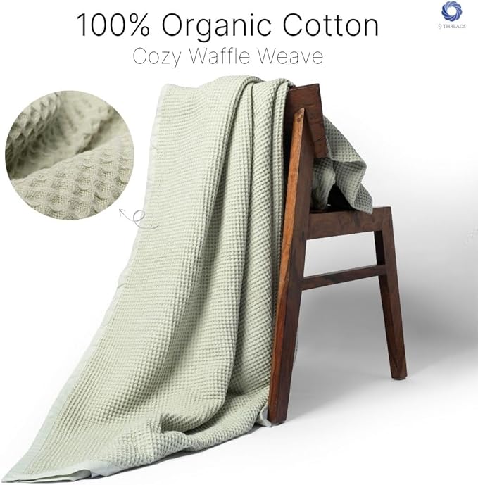 GOTS Certified Organic Cotton Waffle Weave Blanket, Queen Bed Size, 90"X90"Cozy Throw Blanket for Couch, Modern Home Decor, Throw Blankets,Comfy Waffle Blanket Soft Bed Blankets -Sea Foam