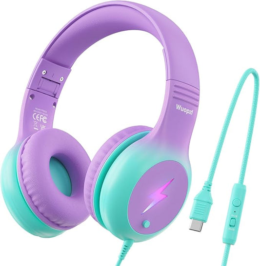 Kids USB C Headphones for School, 2025 Upgrade Safe Listening Wired Over-Ear Headphones with LED Lights, Volume Limiter & Microphone, Foldable Design for iPhone 16, iPad, Tablet (Green Purple)