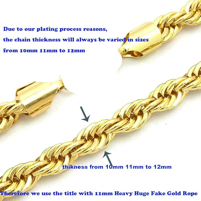 TUOKAY Sparkling Big Gold Rope Chain for Men and Women 11mm Thick Heavy Huge Faux Gold Rope Chain Costume Necklace for Rapper Rap Gangsta