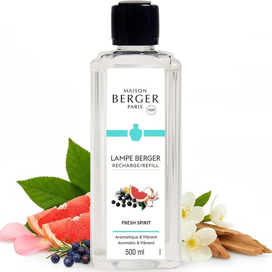 MAISON BERGER Fresh Spirit Lampe Berger Refill, 500 ml (16.9 fl oz), Odor-Neutralizing Home Fragrance Oil Lamps, Grapefruit, Ginger, Juniper Berries, Cedar, Elemi, Made in France