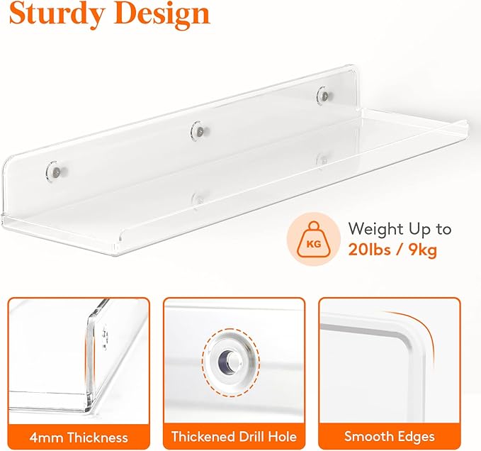 Lifewit Floating Shelves for Bathroom, 15" Acrylic Wall Organizer for Perfume, Makeup, Figures, Nail Polish, Photo, Book, Decor Display Rack for Nursery, Living Room, Bedroom, Kitchen, Clear, 10 Pack