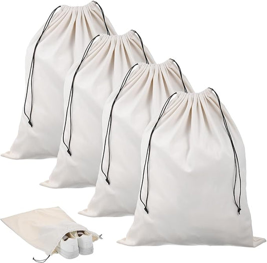 4 Pack Shoe Bags for Travel Packing - Drawstring Sneaker Travel Bags - Cotton Cloth Shoe Dust Bag for Storage & Luggage Washable Dust Cover Bag for Boots and Dress Shoes (Medium: 19"x15")
