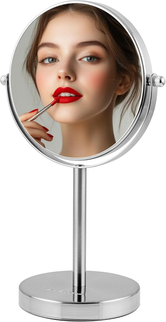 OVENTE 6'' Tabletop Makeup Mirror with 1X/7X Magnification, 360° Swivel Design, Double-Sided Free-Standing Vanity Mirror Perfect for Dresser, Bedroom and Office Desk, Nickel Brushed MNLT60BR1X7X