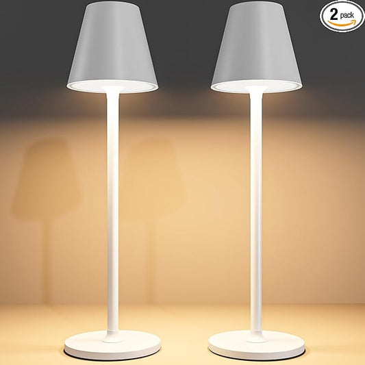 2-Pack Cordless Table Lamps - 5000mAh Rechargeable Battery Operated Desk Lamp, 3-Level Dimmable LED Night Light for Bedroom, Dining, Restaurant - Metal Design (White 2-Pack)