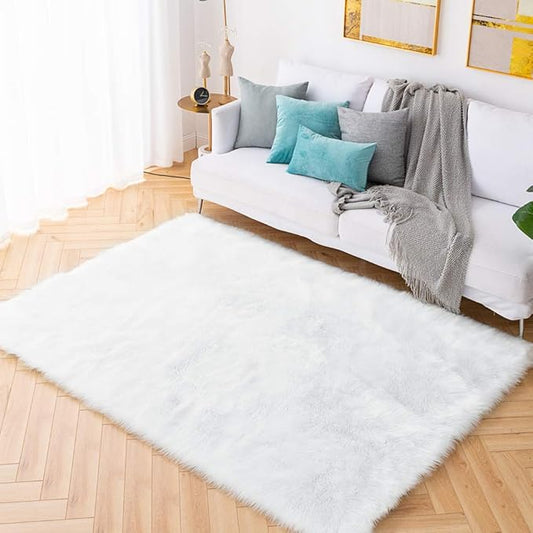 Carvapet 5x7 Faux Sheepskin Area Rug for Bedroom Living Room Soft White Shaggy Fur Carpet, Luxury Fluffy Floor Mat for Bedside Nursery and Home Décor