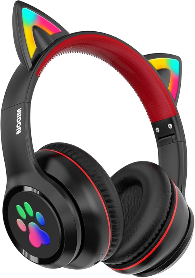 MIDOLA Kids Headphones Cat Ear Wireless Bluetooth 5.3 60H Over Ear, 8H with Led Light Foldable Headset with Aux 3.5mm Mic for Travel Pad Tablet Black