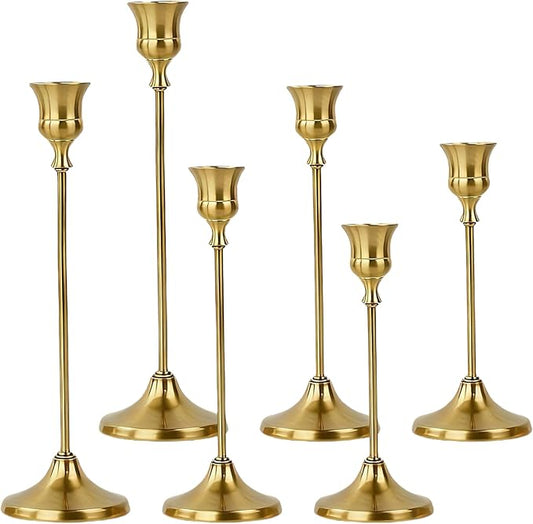 2 Sets(6 Pcs) Candle Stick Holders，Brass Gold Metal Taper Candle Holders, Vintage Modern Decorative Centerpiece Candlestick Holders for Table Mantel Wedding Housewarming Gift