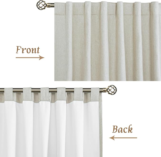 LAMIT 100% Blackout Linen Curtains 45 Inch Length for Bedroom, Linen Textured Thermal Kitchen Curtains Back Tab and Rod Pocket Window Panels with White Liner, 2 Panels, 52 x 45 Inch, Stone