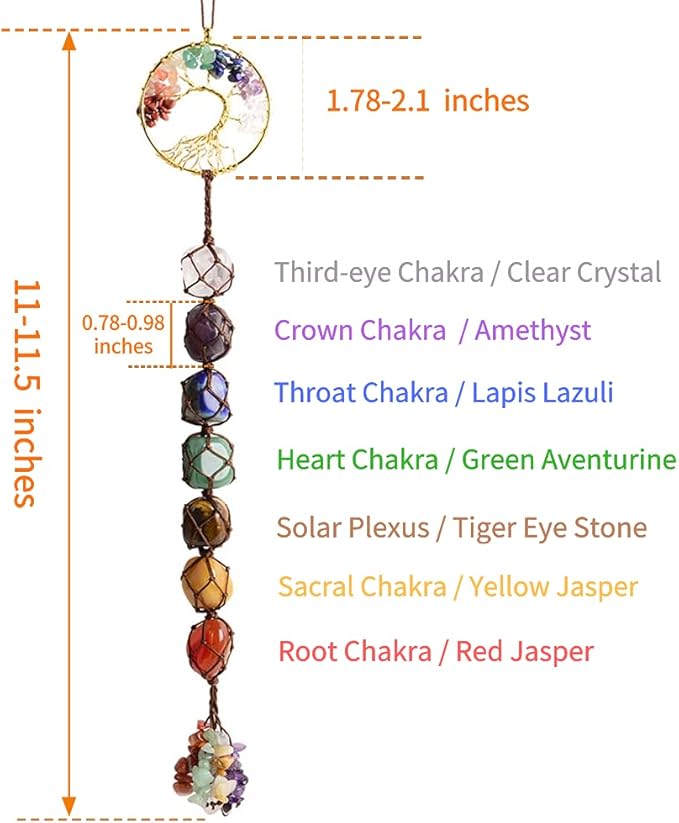 3 Pieces of 7 Chakras Healing Crystals and Tree of Life Wall Hanger Tumbled Gemstones Meditation Hanging Ornament Christmas Tree Memorial Hanging Pendant (Style 3)