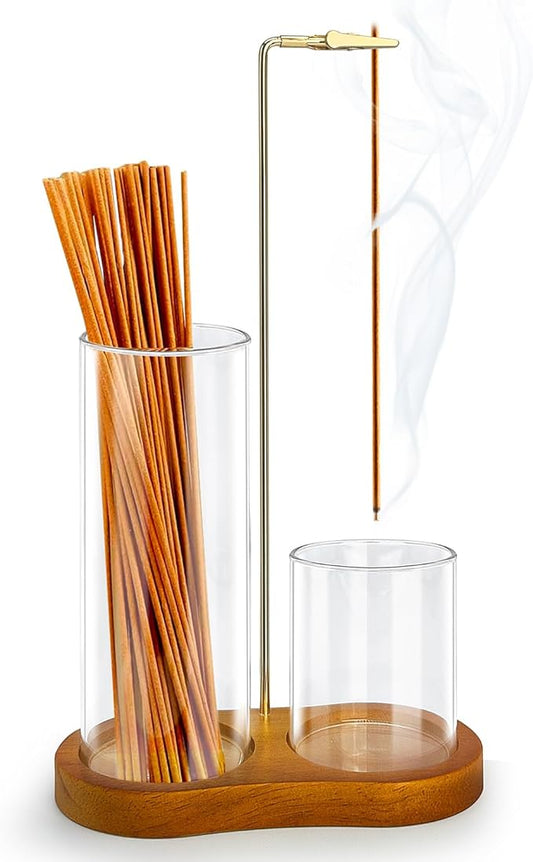 2 in 1 Incense Holder for Sticks, Hang Upside Dowd Incense Burner with Glass Ash Catcher, Anti-Ash Flying and Incense Sticks Storage, for Meditation Yoga Spa Home Decor Office (Wood, Dark Brown)