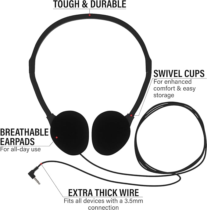 Maeline Bulk Classroom Student Headphones On Ear Stereo Headphones Flexible Adjustable Band for Kids Online Learning, Library, School, Airplane, Travel - 3.5mm Plug - 200 Pack - Multi