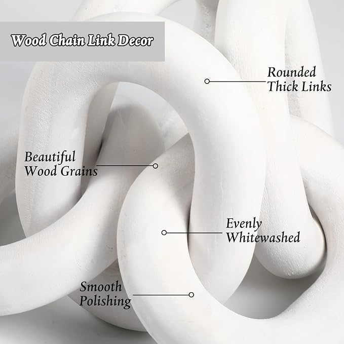Queekay Decorative Wood Chain Link Decor Rustic Wooden 5 Link Wooden Chain Decor Ornament Farmhouse Home Decoration Hand Carved Wood Crafts Ornaments for Coffee Table(White)