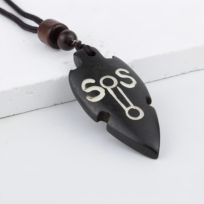 Handmade Black Bull Bone Pendant Necklace, Traditional Tribal Design, Wooden Beads, Adjustable Braided Rope, 24 Inch, Surfer Style