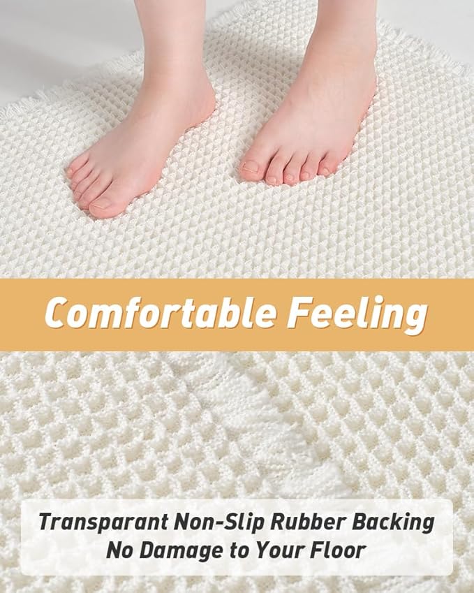 AMOAMI Upgraded Waffle Bath Mat, Super Absorbent Non Slip Bath Mats for Bathroom Floor, Machine Washable Boho Bathroom Rugs with Tassels, Rubber Backed Bathroom Mats, Ultra Soft, 18" x 30"