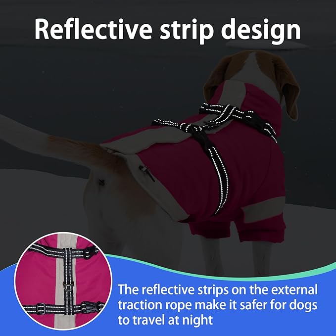 MIGOHI Snowproof Dog Jacket with Harness Reflective Small Dog Coat with Sleeves,Waterproof Fleece Winter Puffer Jacket for Dogs,Turtleneck Puppy Coats for Dogs Chilly Day,S,Rosered