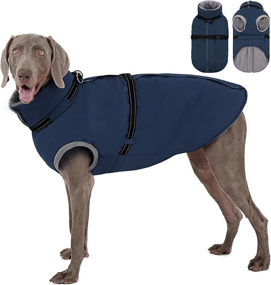 AOFITEE Dog Coat, Warm Dog Winter Coat with Harness Built in, Waterproof Pet Snow Jacket with Zipper on Back, Fleece Pet Sweater Outdoor Puffer Jacket Snowsuit for Extra Large Dogs, Blue XXL