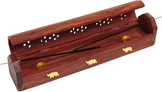 raajsee Beautiful Handmade Wooden Brown Incense Stick Holder Burner Storage Coffin Box - Ash Catcher with Brass Inlay -Home Utilities & Accessories -Meditation -Great Gift for Any Occasion 12x2 inch