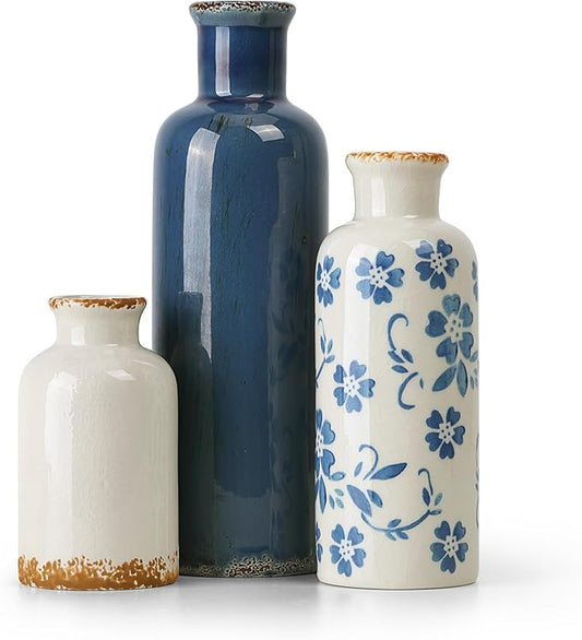 Ceramic Vases Set of 3, Blue and White Flower Decorative Vase for Farmhouse Shelves, Rustic Vase for Table Bookshelf, Living Room