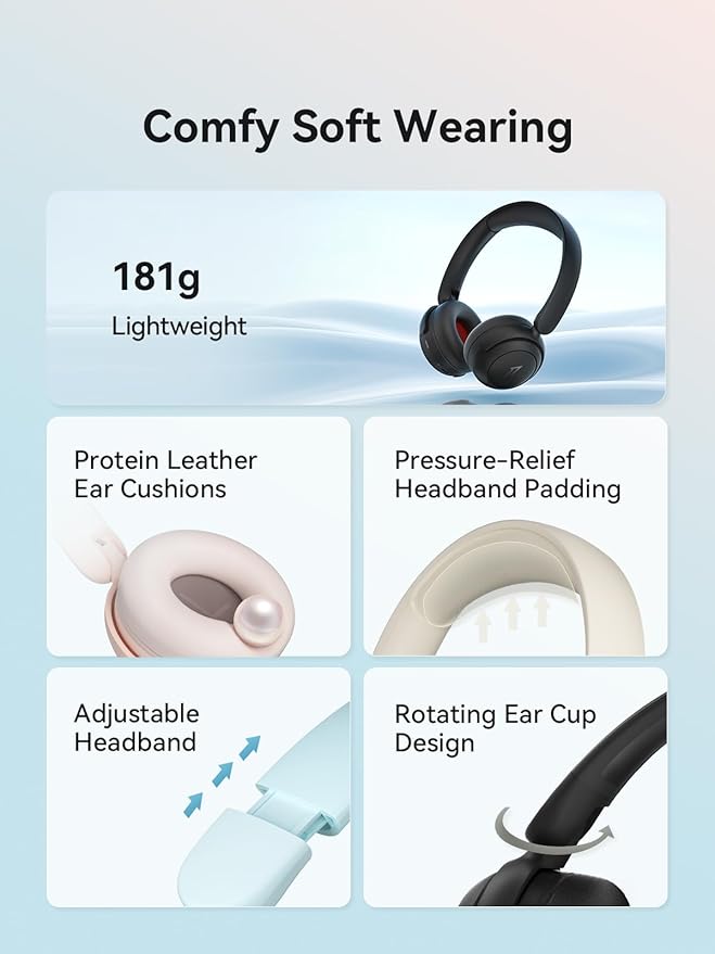 1MORE HQ20 Wireless On-Ear Headphones with Microphone, 85dB Safe Volume, 65H Playtime, Lightweight Foldable Bluetooth Headphones for School/Travel, Android and iOS Compatible, Pink